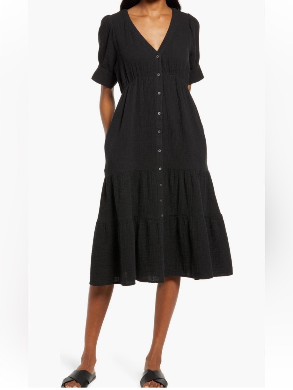 Madewell Gauze Midi Dress Size 4 Black Pockets